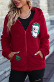 Red Santa Patchwork Zipper Pockets Fleece Hooded Coat