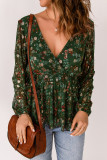 Green Floral Print Wrap V Neck Peplum Top