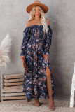 Blue Smocked Off Shoulder Side Slit Floral Dress
