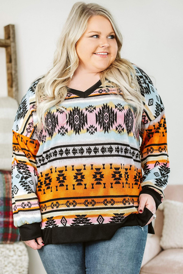 Multicolor V Neck Drop-Shoulder Sleeve Aztec Print Plus Size Top