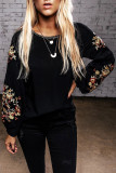 Black Floral Embroidery Long Sleeve Top