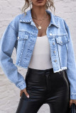 Blue Open Front Button Pocket Short Length Denim Jackets