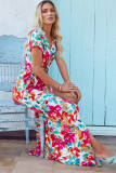 Rose Wrap V Neck Short Sleeve Floral Maxi Dress