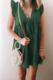 Green V Neck Ruffled Sleeves Perforating Babydoll Dress