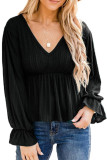 Black Pleated Ruffled V Neck Babydoll Top