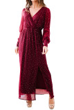 Wine Red Side Split Rhinestone V Neck Maxi Dress