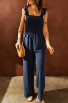 Blue Flutter Sleeve Smocked Wide Leg Jumpsuit