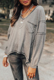 Gray Seamed Pocket High Low Waffle Knit V Neck Top
