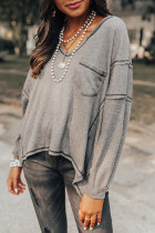 Gray Seamed Pocket High Low Waffle Knit V Neck Top