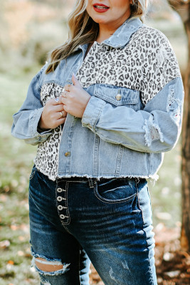 Sky Blue Plus Size Leopard Ripped Cropped Denim Jacket