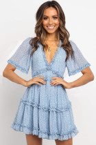 Sky Blue Floral Print V Neck Ruffle Backless Mini Dress