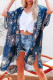 Blue Pattern Print Open Front Kimono with Side Slit