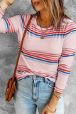Pink Stripe Print Crew Neck Long Sleeve Top