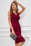 Red Lace Sleeveless Deep V Neck Bodycon Midi Dress