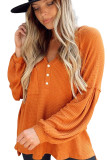 Orange Buttoned V Neck Drop Shoulder Waffle Knit Top