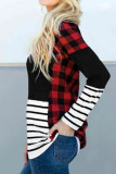 Red Plaid Splicing Striped Color Block Long Sleeve Top
