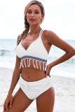 White Strappy Tassel Bowknot Back High Waist Bikini
