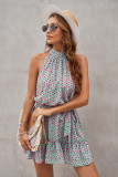 Green Halter Sleeveless Floral Mini Dress