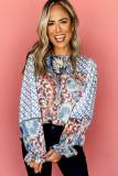 Sky Blue Mixed Floral Geometric Print Ruffled Long Sleeve Blouse