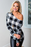 Monochrome Plaid Off Shoulder Textured Long Sleeve Top