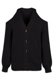 V Neck Cold Shoulder Open Button Knit Cardigans
