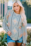 Sky Blue Geometric Aztec Print Long Sleeve Blouse