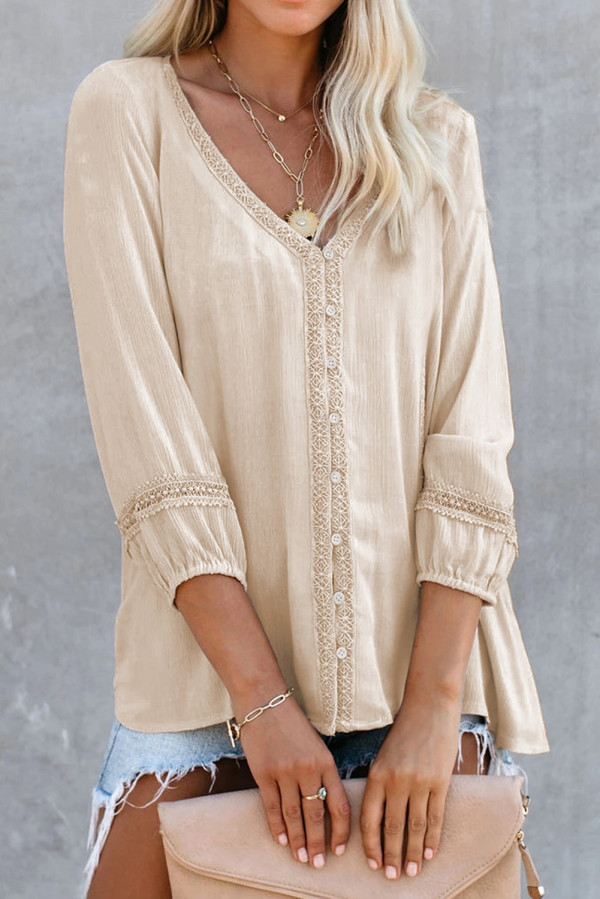 Apricot Solid V Neck Lace Decor Buttons Shirt