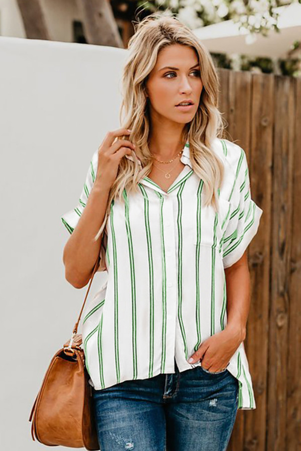 Green Striped Short Sleeve Buttoned Pocket Shirt
