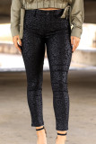 Black Sheen Leopard Print Mid Rise Skinny Pants