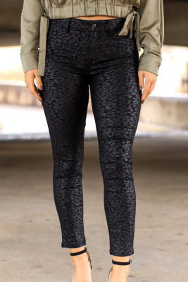 Black Sheen Leopard Print Mid Rise Skinny Pants