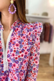Rose Floral Pattern Peplum Blouse with Ruffles