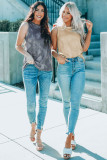 Gray Tie Dye Print Seamed Crew Neck Tank Top