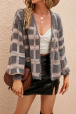 Grey Pink Plaid Hairy Open Knit Cardigans