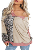 Leopard Colorblock Patchwork Waffle Knit Hoodie