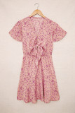 Pink Floral Print Tie Knot Ruffled Short Sleeve Mini Dress