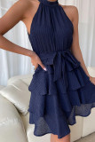 Plain Texture Halter Tiered Mini Dress