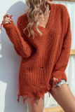 Ripped Raw Edge V Neck Plain Knit Sweaters