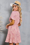 Pink Floral Print Tie Knot Ruffled Short Sleeve Mini Dress
