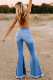 Sky Blue High Waist Raw Hem Button Ripped Flare Jeans