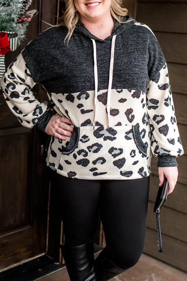 Leopard Colorblock Pockets Plus Size Hoodie