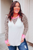 White Leopard Patchwork Long Sleeve Plus Size Top