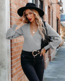 Plain Surplice V Neck Knit Sweaters
