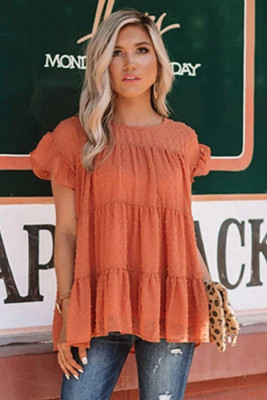 Orange Polka Dot Babydoll Style Flutter Sleeve Top