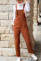 Brown Corduroy Tie Strap Button Down Jumpsuits