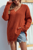 Ripped Raw Edge V Neck Plain Knit Sweaters