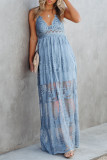 Sky Blue Spaghetti Strap Criss Cross Lace Maxi Dress