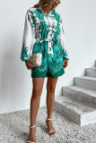 Green Puffy Sleeves Printed Rompers