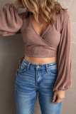 Surplice Ribbed Bubble Sleeve Crop Top