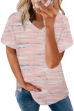 Pink V Neck Front Pocket Camo Tee