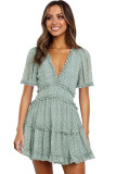 Green Floral Print V Neck Ruffle Backless Mini Dress